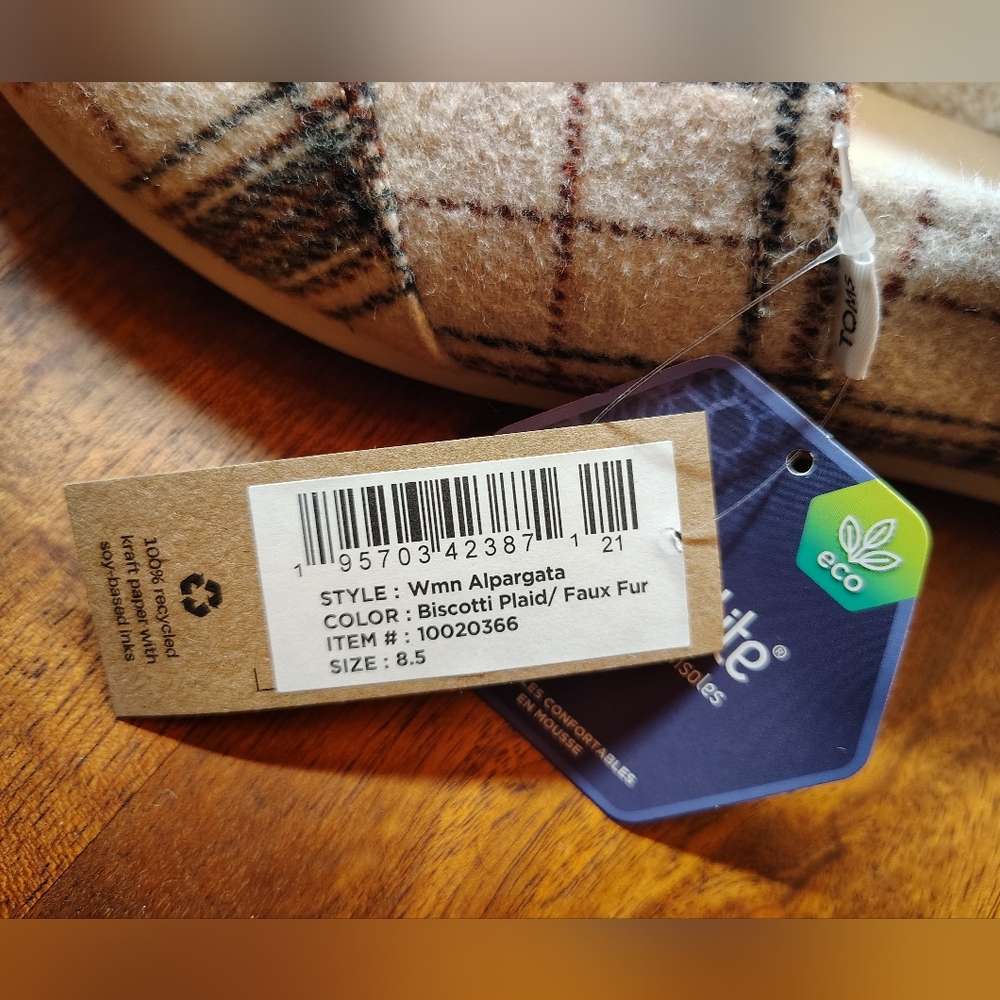 NWT TOMS Cozy Chenille Faux Fur Lined Slip On Alpargatas in Biscotti Plaid, 8.5 - Picture 8 of 10